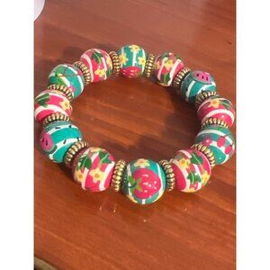Angela Moore Stretch Beaded Bracelet Colorful Watermelon Flowers Stripes 5.75"